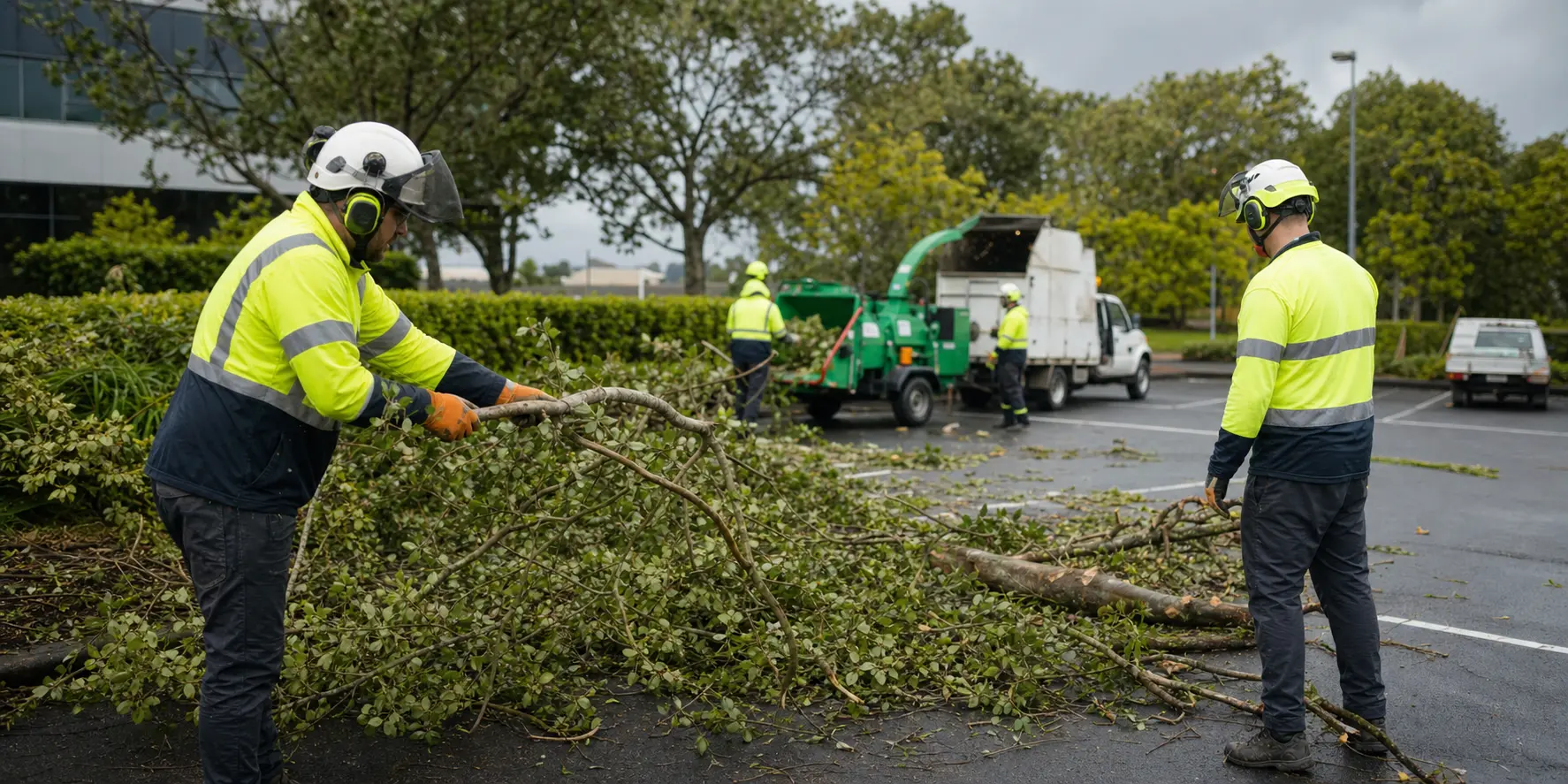 Arboriculture crew coordinating planned tree maintenance and site clean-up